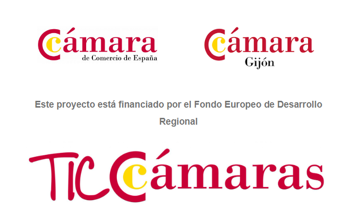 Logos of: Cámara de Comercio de España, Cámara de Comercio de Gijón, TIC Cámaras